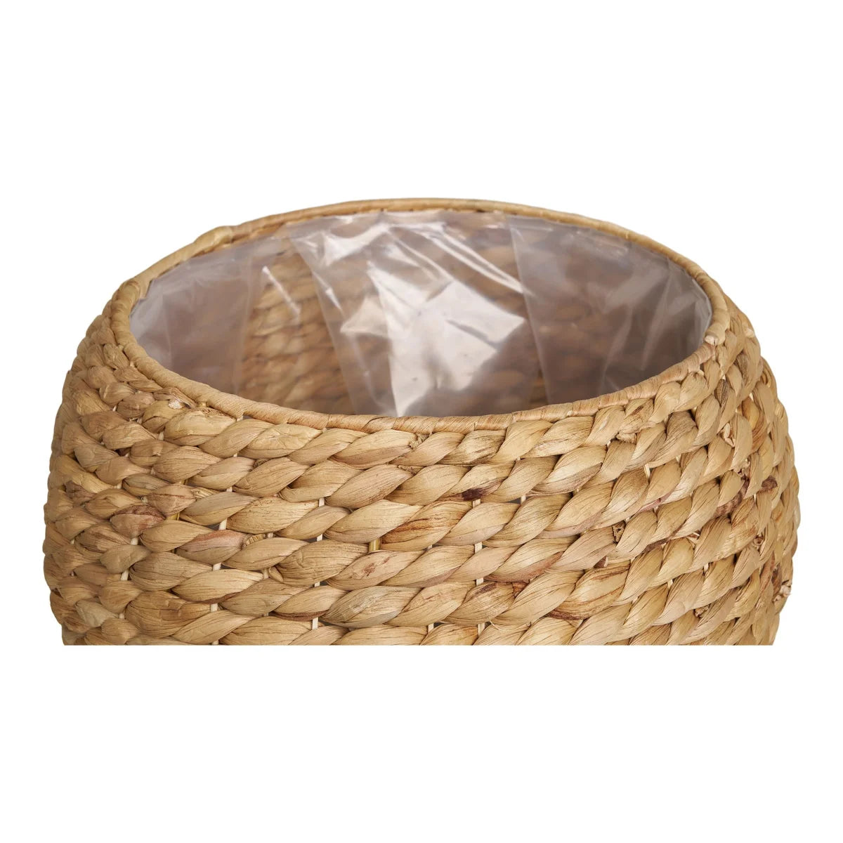 Cache-pot rond en jacinthe d’eau tressée beige miel avec doublure plastique, Ø34,5 cm