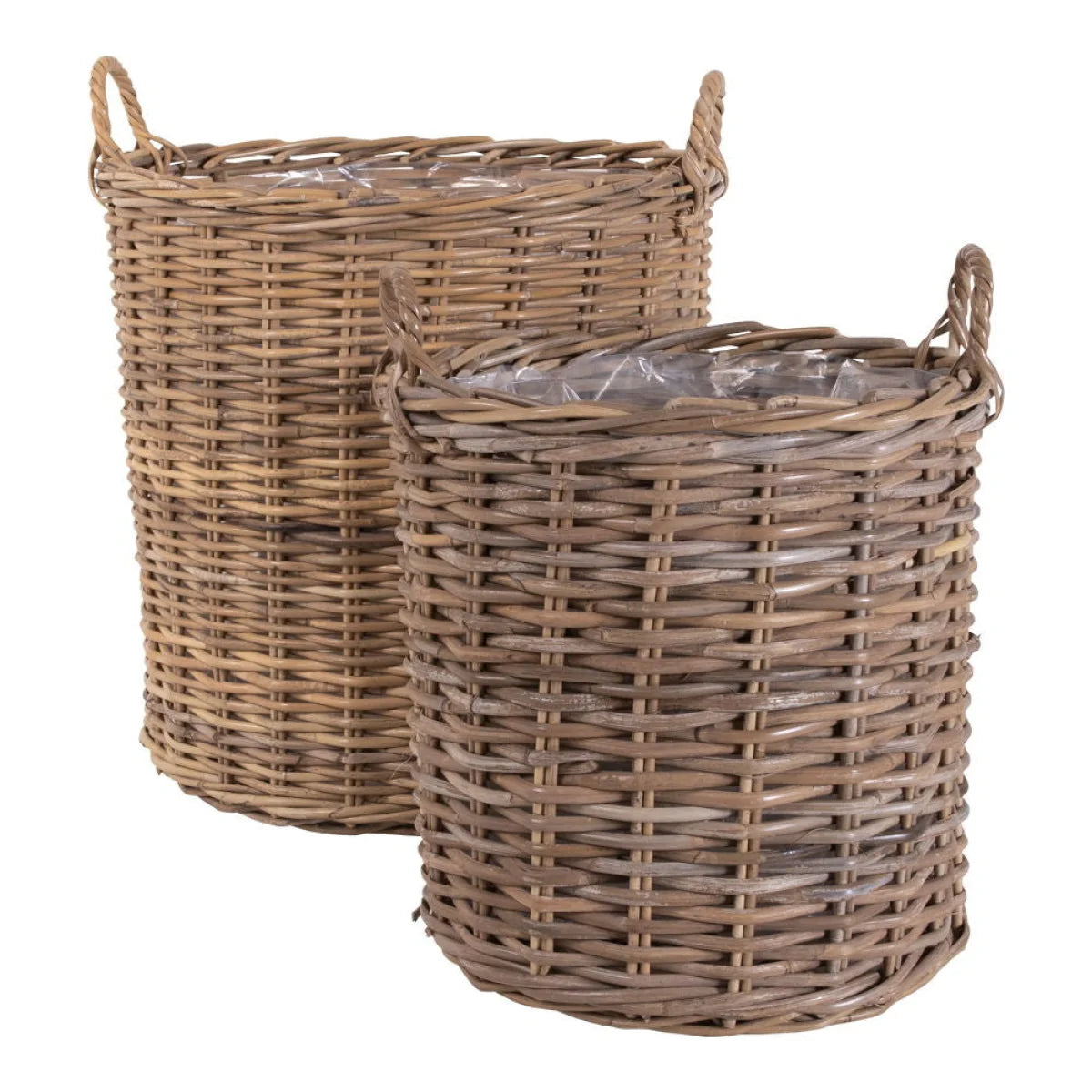 Deux cache-pots ronds en rotin kubu avec anses et doublure plastique