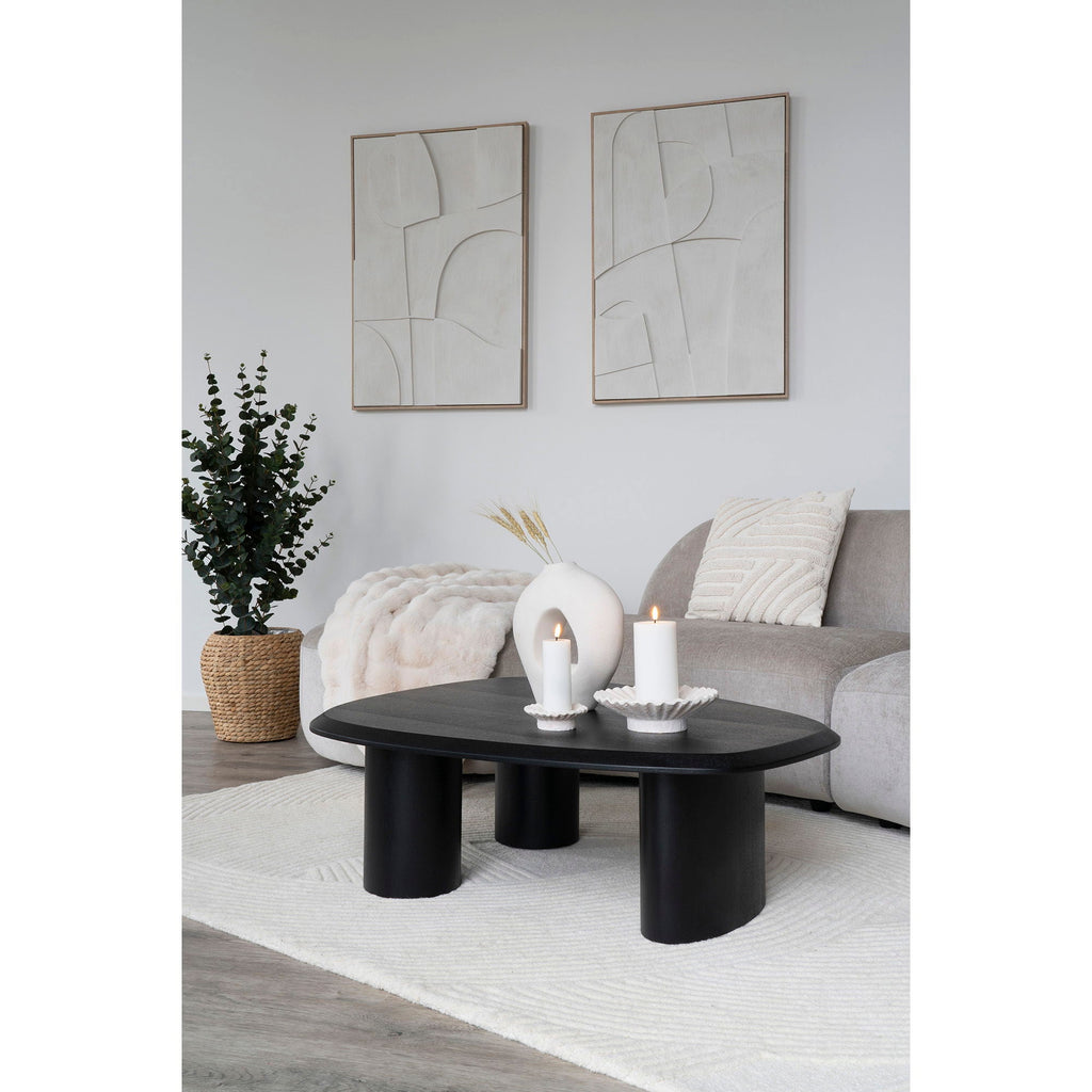 Table basse ovale noire aux pieds cylindriques épais, cadre blanc 60x90 cm