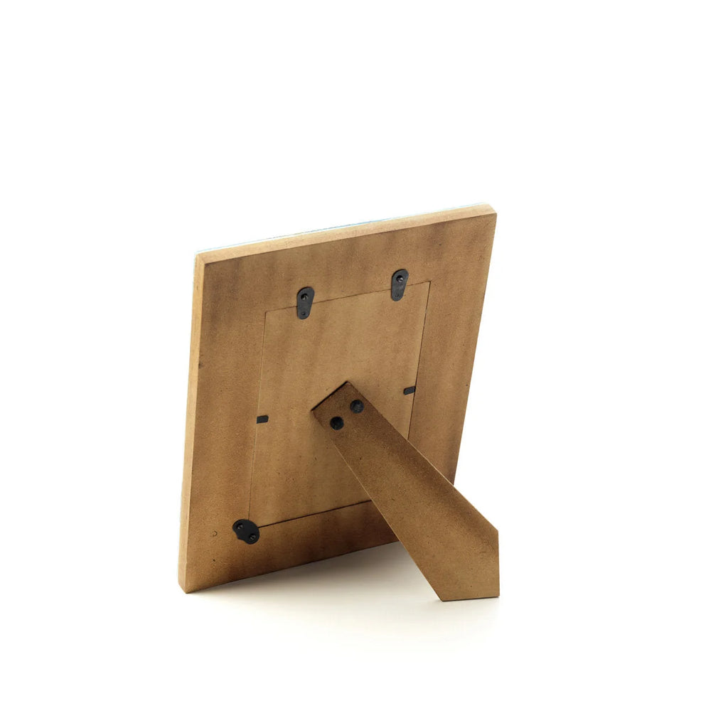 Cadre photo artisanal turquoise en os de buffle, dos en bois mat minimaliste
