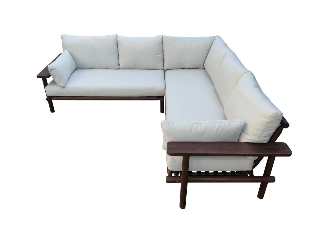 Canapé d’angle extérieur en acacia foncé avec coussins écru modulables