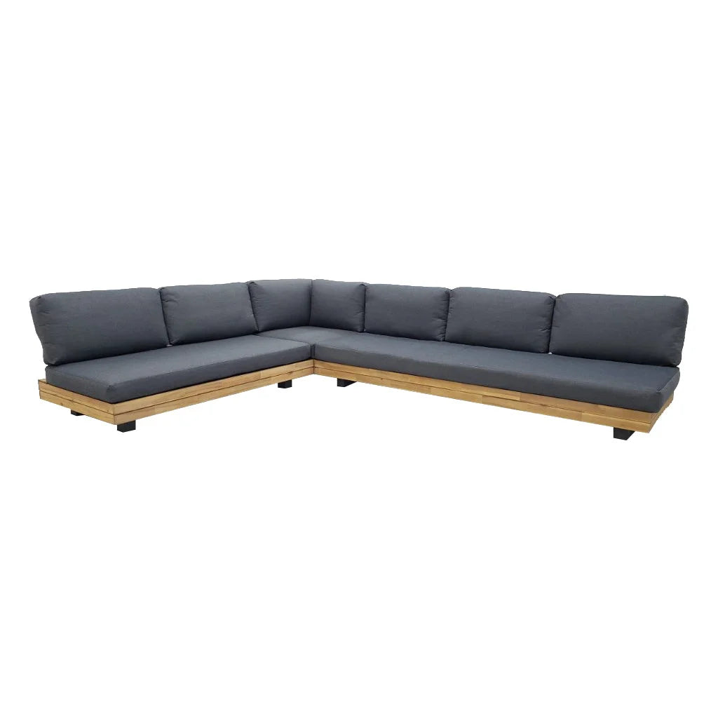 Canapé d’angle L moderne en bois clair avec coussins gris anthracite