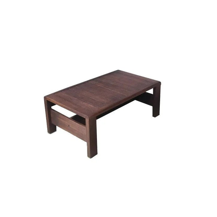 Table basse bois foncé à lattes, pour set canapé d’angle extérieur 3 pièces