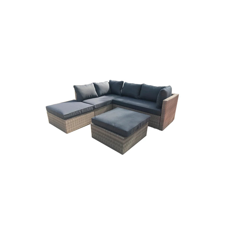Canapé d’angle extérieur en résine tressée grise et coussins anthracite – Set de 4