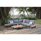 Canapé d’angle de jardin gris anthracite avec tables en bois et pieds métal