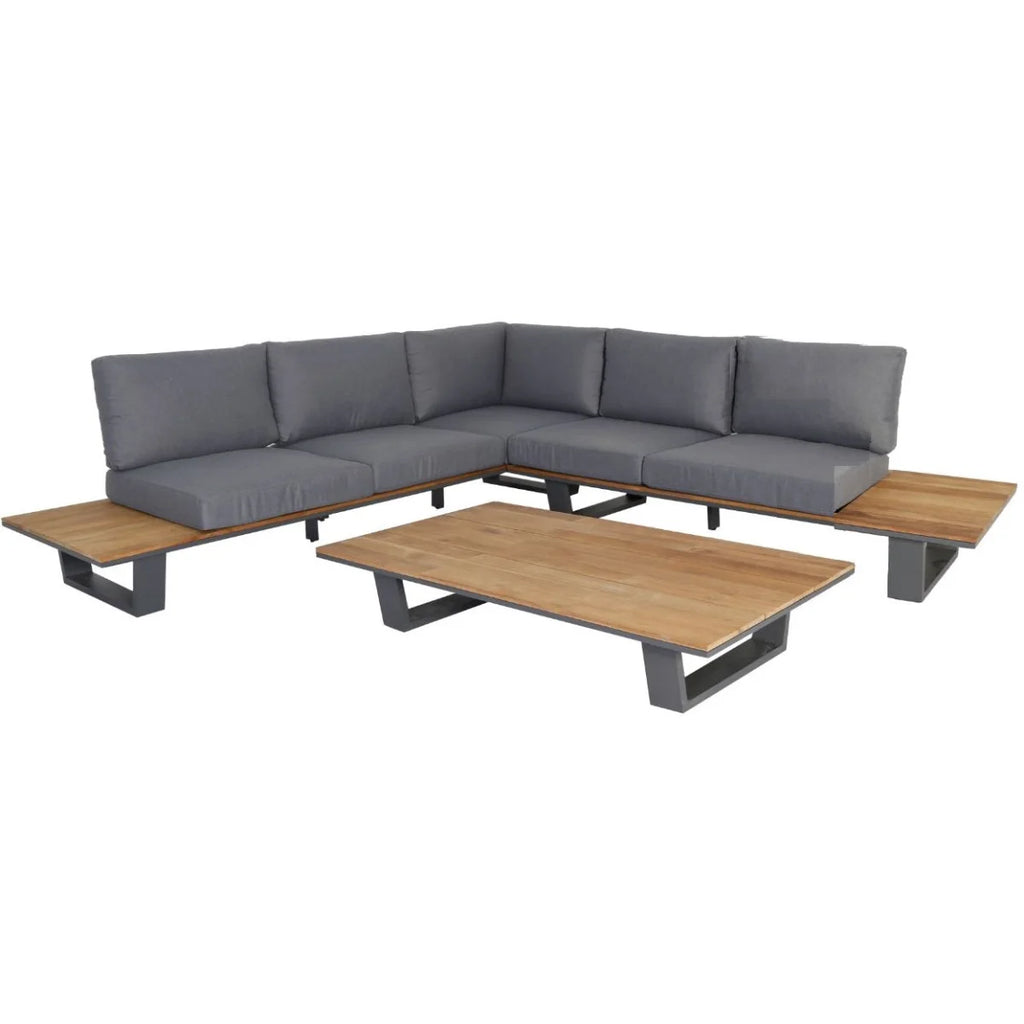 Canapé d’angle jardin métal anthracite bois naturel avec table, set de 3