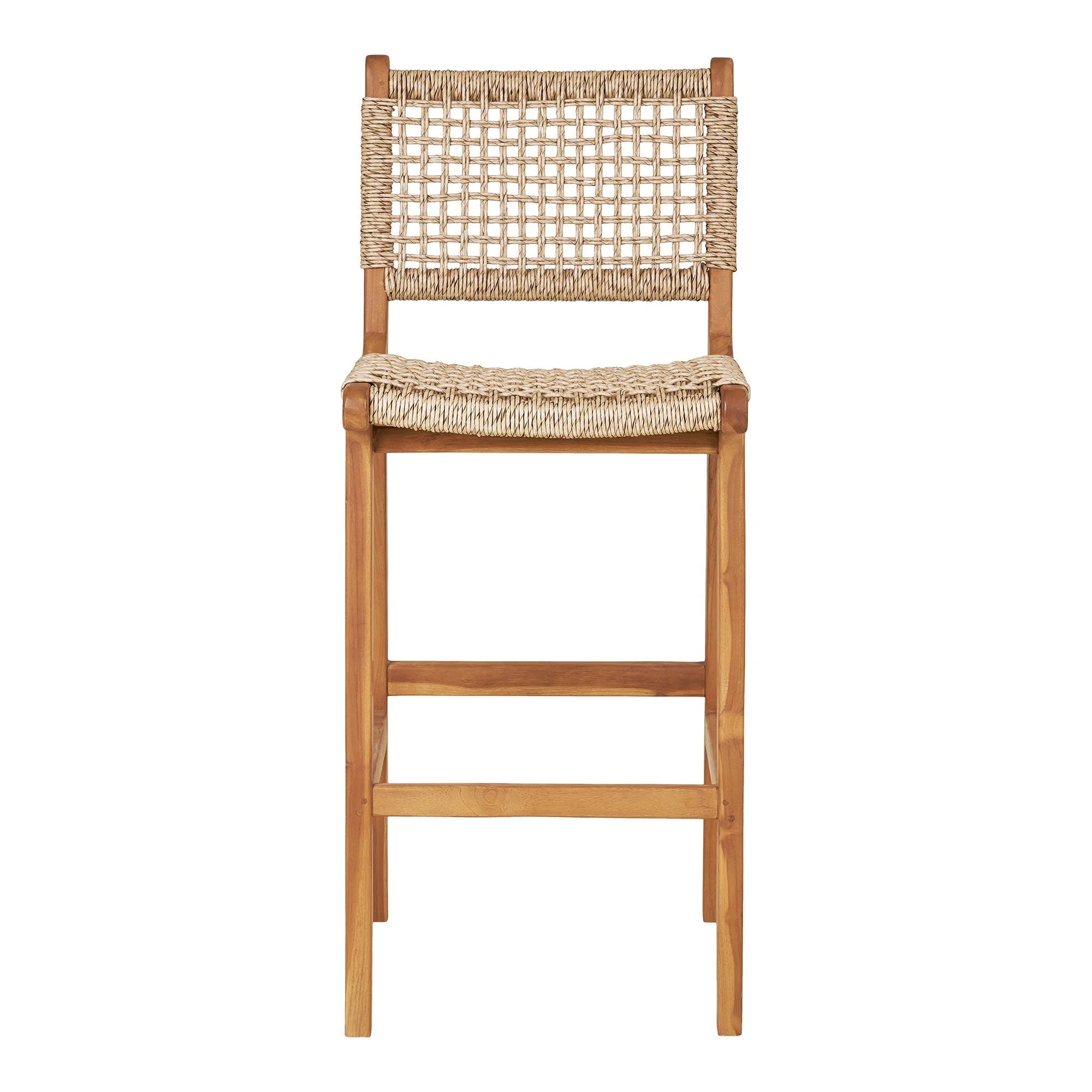 Chaise de bar en teck naturel avec dossier ajouré en corde tressée, H94 cm