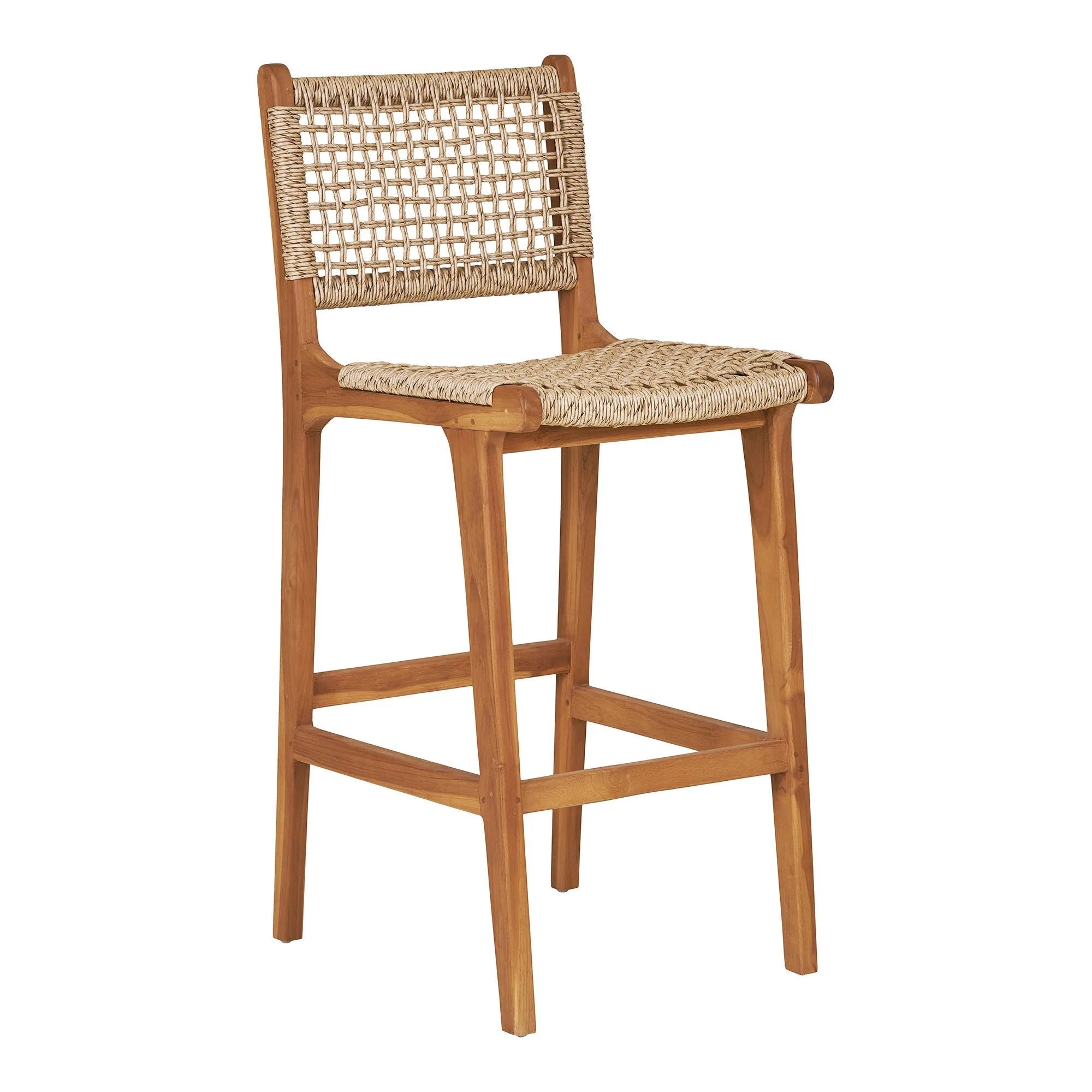 Chaise de bar en teck naturel avec dossier ajouré en corde tressée, H94 cm