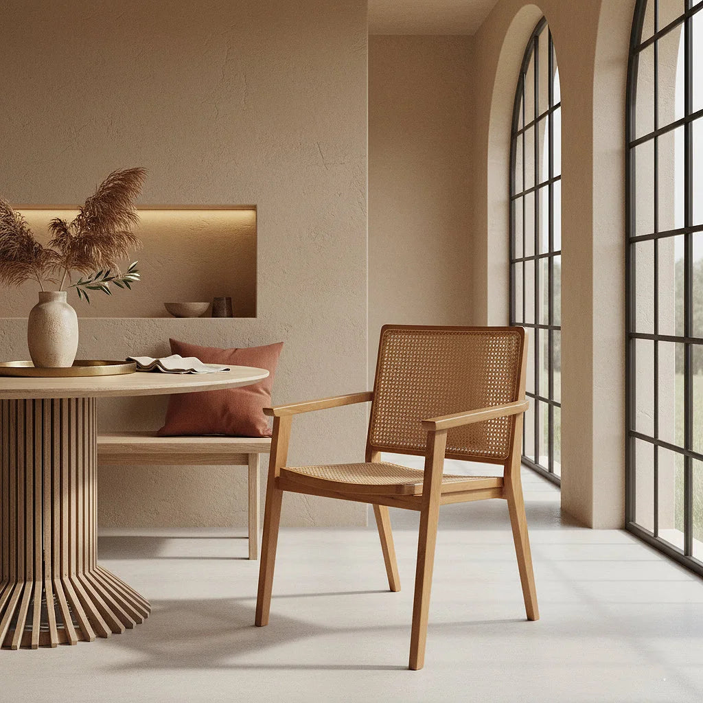 Chaise en bois clair avec siège et dossier en cannage, set de 2