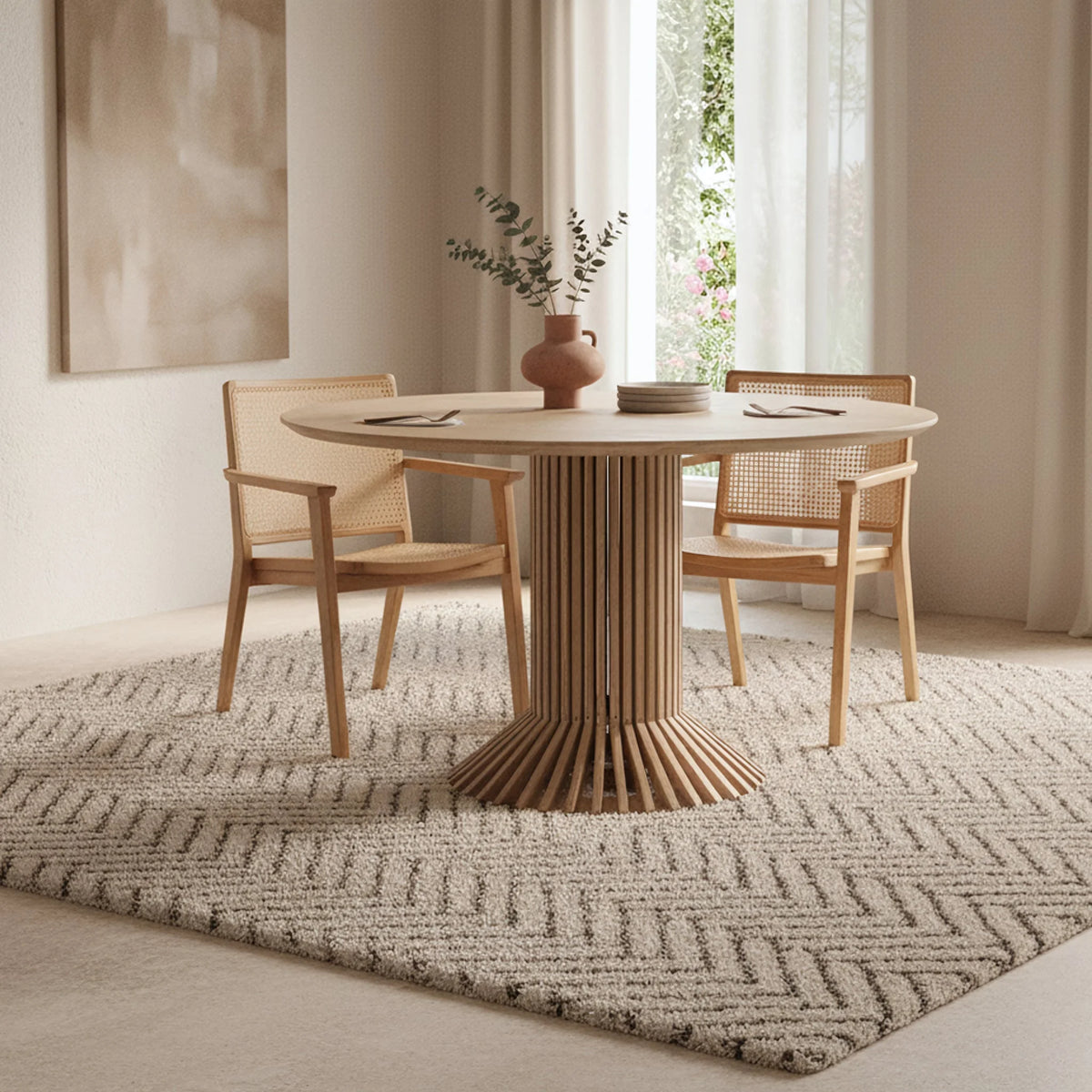 Table ronde en bois avec base à cannelures et plateau lisse