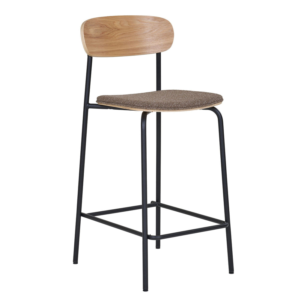 Tabouret de bar moderne en bois clair, siège marron tissu, pieds métal noir - Lot de 2