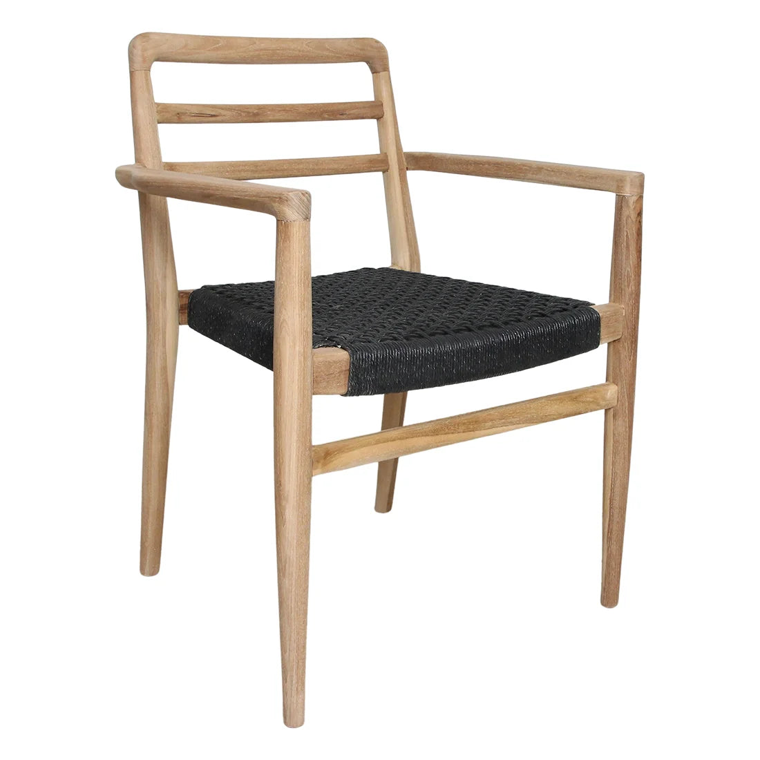 Chaise de jardin en teck recyclé avec corde noire, accoudoirs, lot de 2