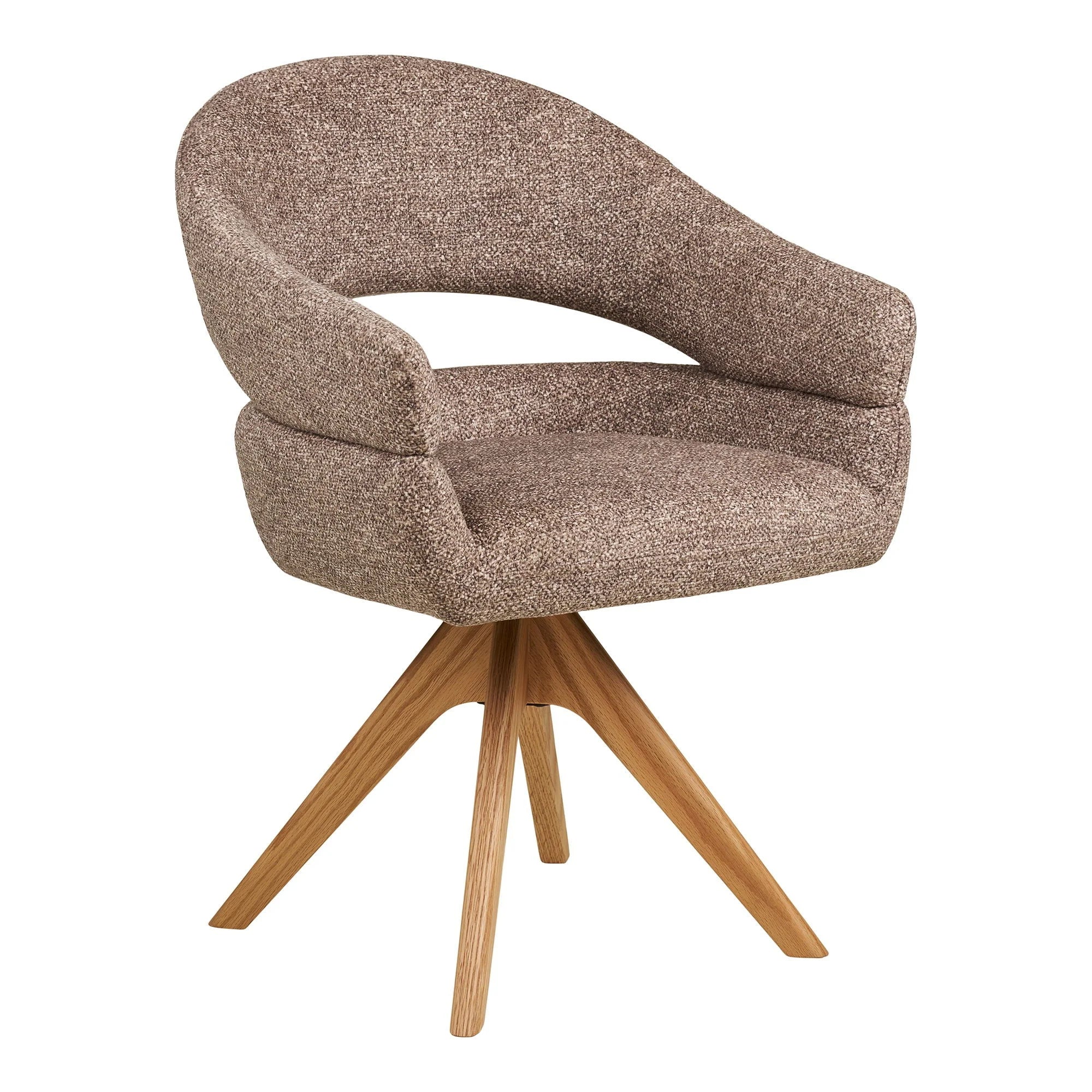 Chaise pivotante en tissu beige texturé avec accoudoirs et pieds bois en forme d’étoile