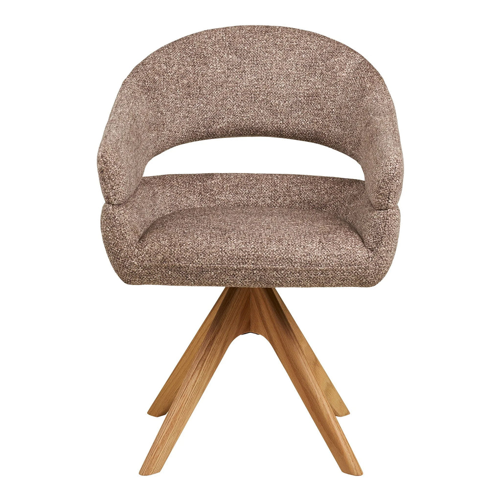 Chaise pivotante en tissu chiné taupe avec accoudoirs et base étoilée bois