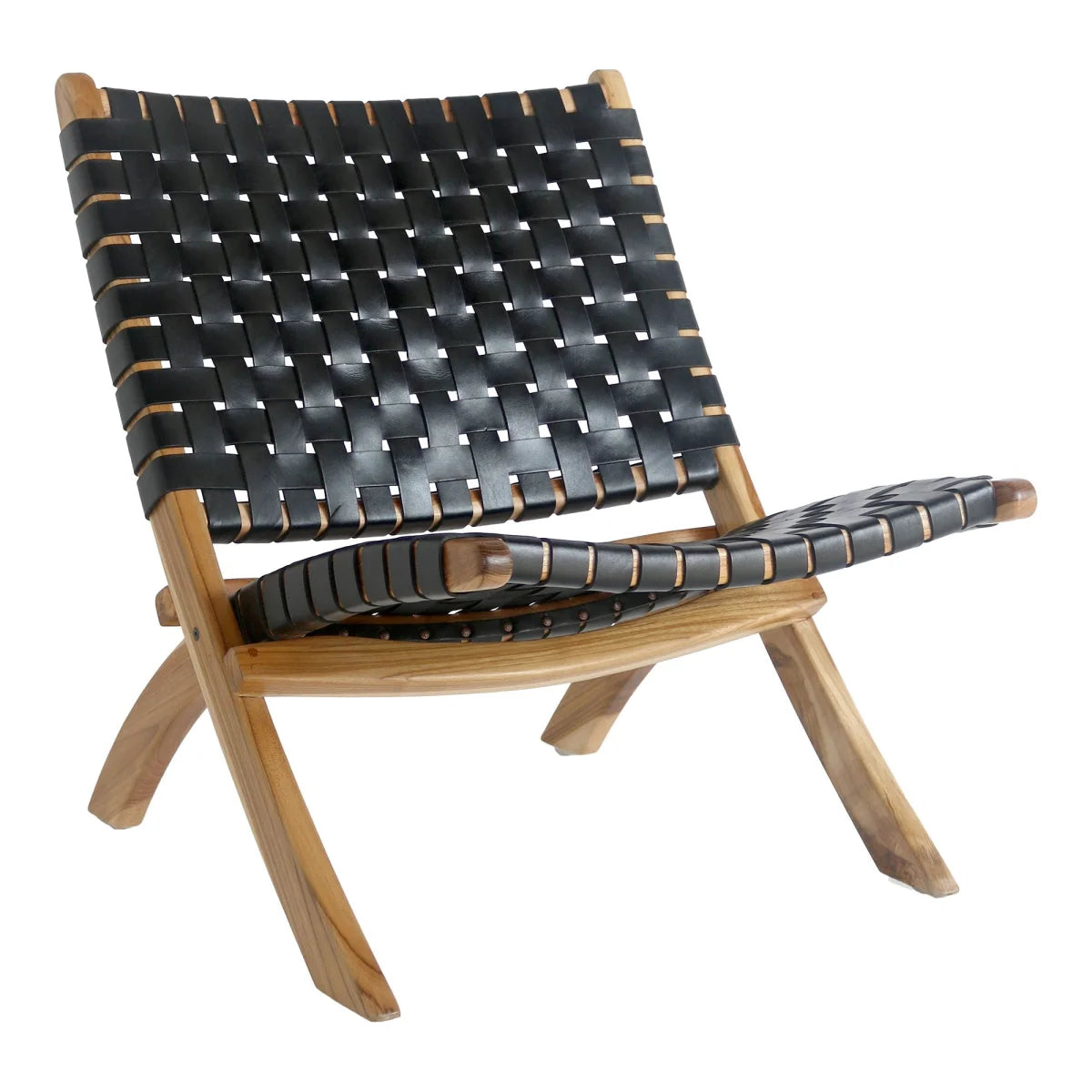 Chaise pliante en cuir noir tressé et bois de teck naturel