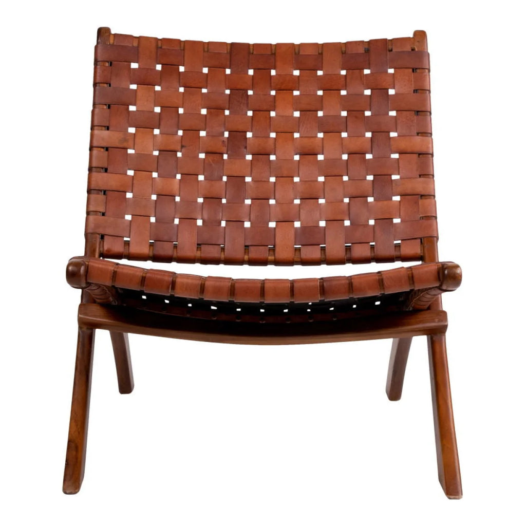 Chaise pliante en cuir tressé marron sur bois de teck