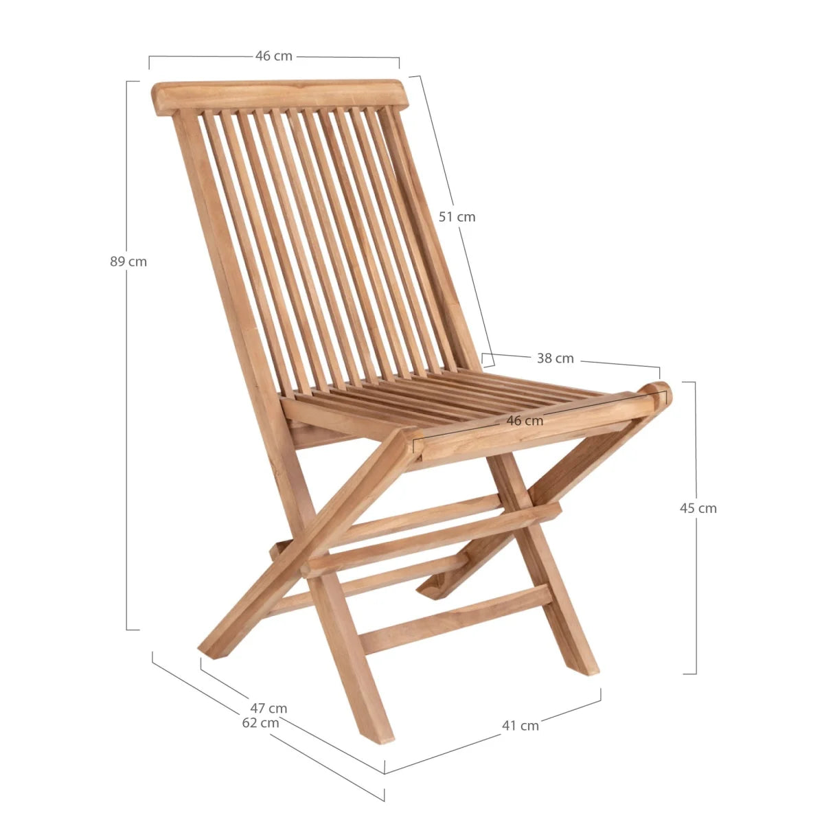 Chaise pliante en teck brun clair, lattes verticales, lot de 2
