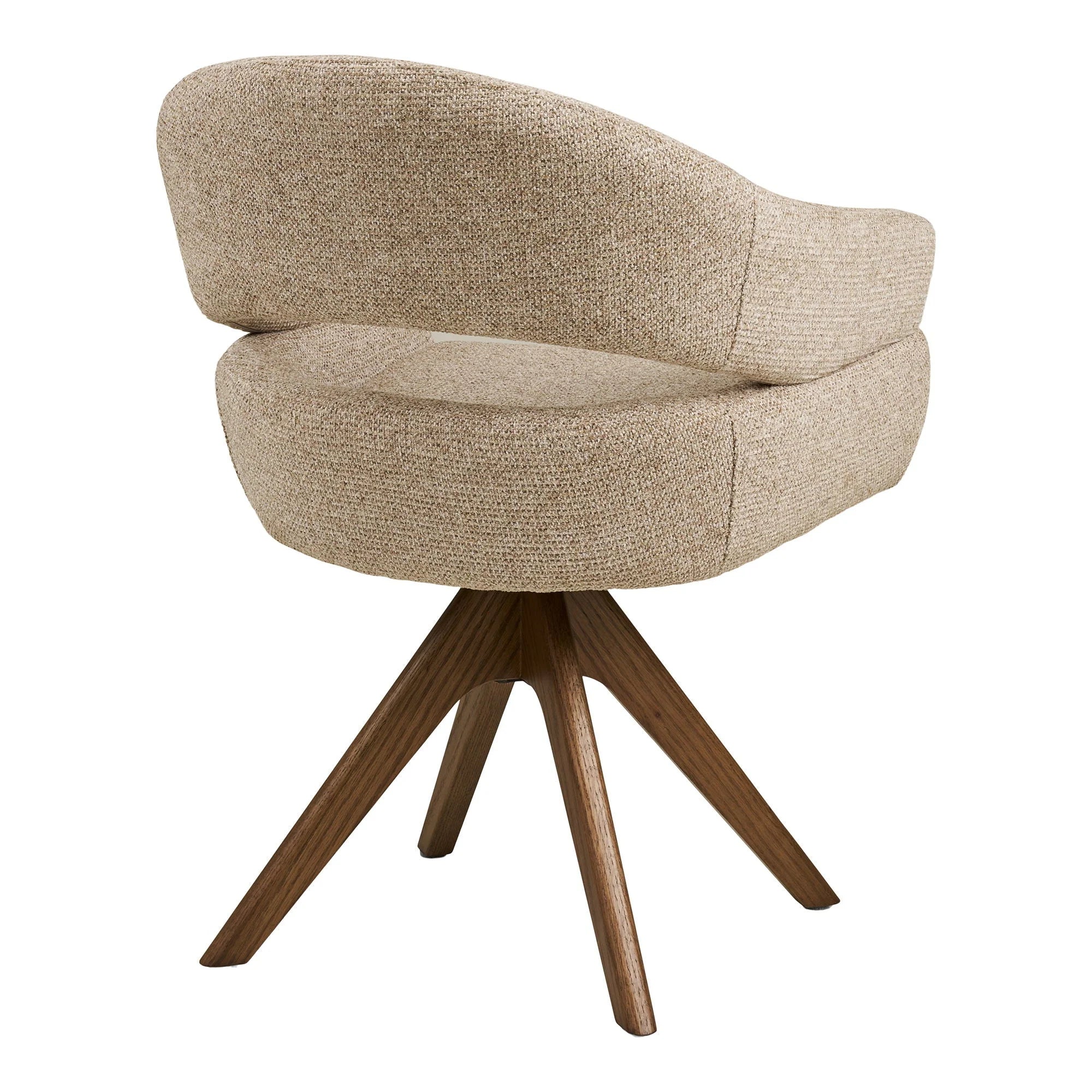 Chaise pivotante en tissu sable beige texturé et base étoile en bois chêne avec accoudoirs