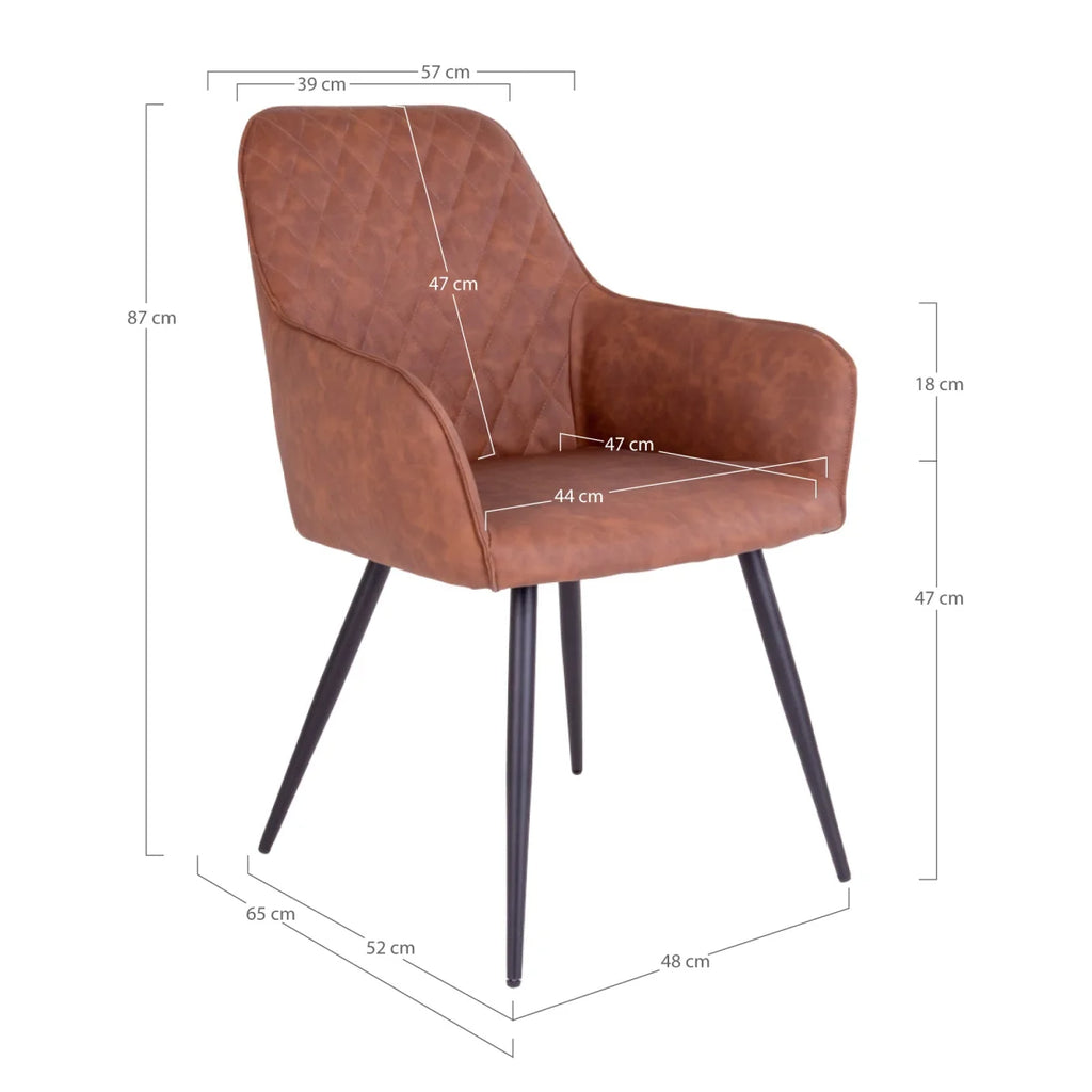 Chaise de salle à manger en simili cuir marron capitonné, pieds métal noir