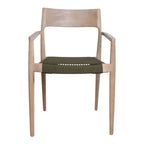Chaise en teck clair et corde vert olive avec accoudoirs, lot de 2