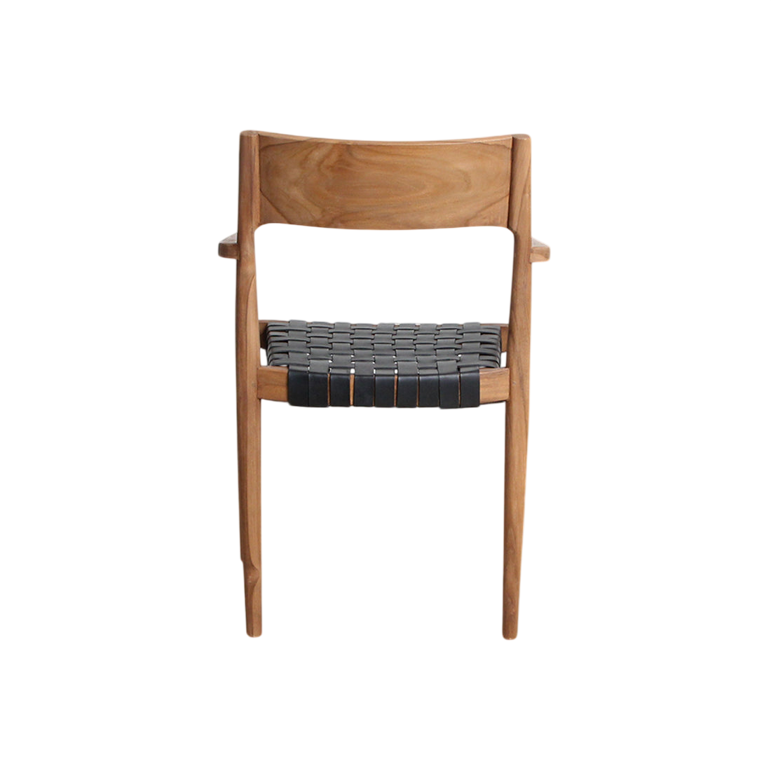 Chaise en teck et cuir noir avec accoudoirs tressés – Lot de 2