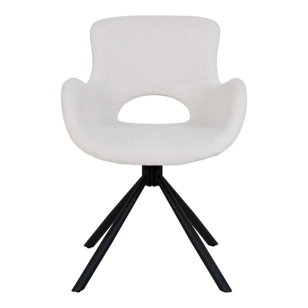 Chaise de salle à manger en bouclé blanc cassé avec découpe ovale, pieds noirs pivotants