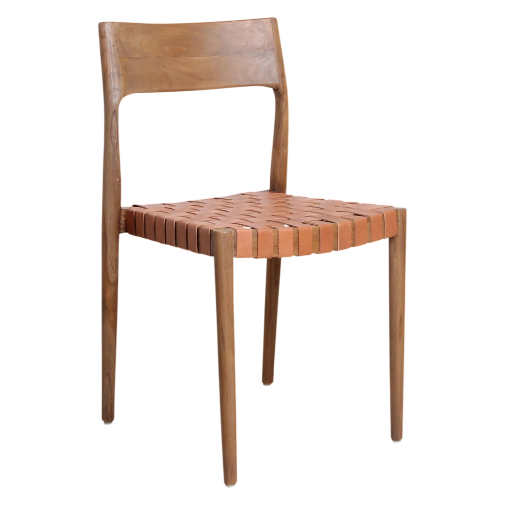 Chaise minimaliste en teck et cuir tressé cognac, lot de 2