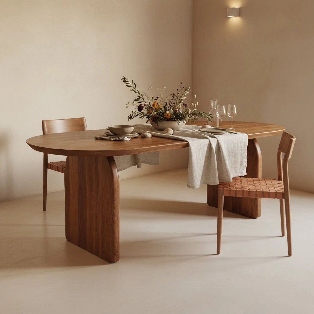 Table ovale en bois chaud avec pieds courbés minimalistes