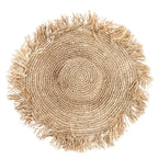 Chapeau à large bord en raphia naturel tressé frangé beige