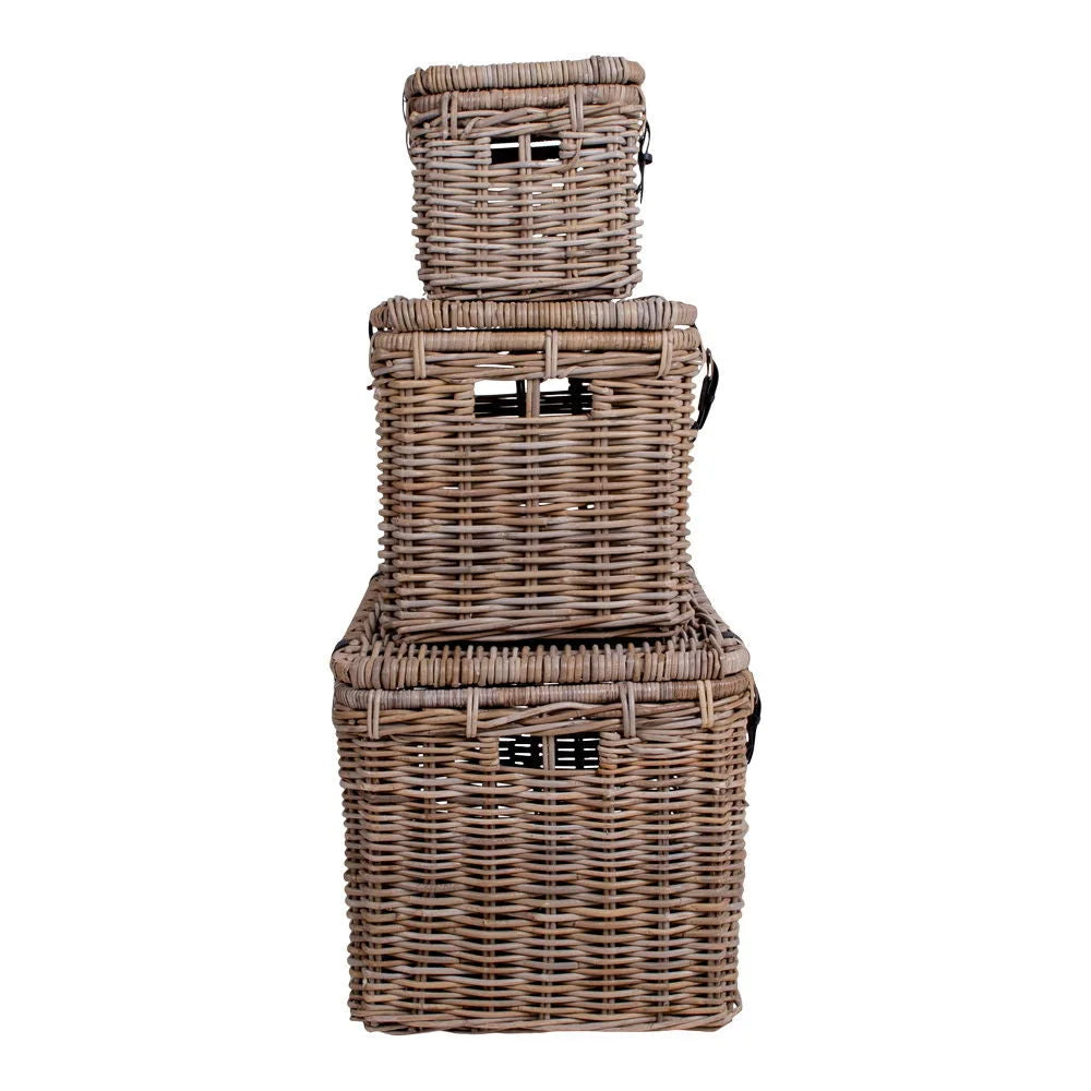 Lot de 3 coffres en rotin Kubu gris avec poignées en cuir