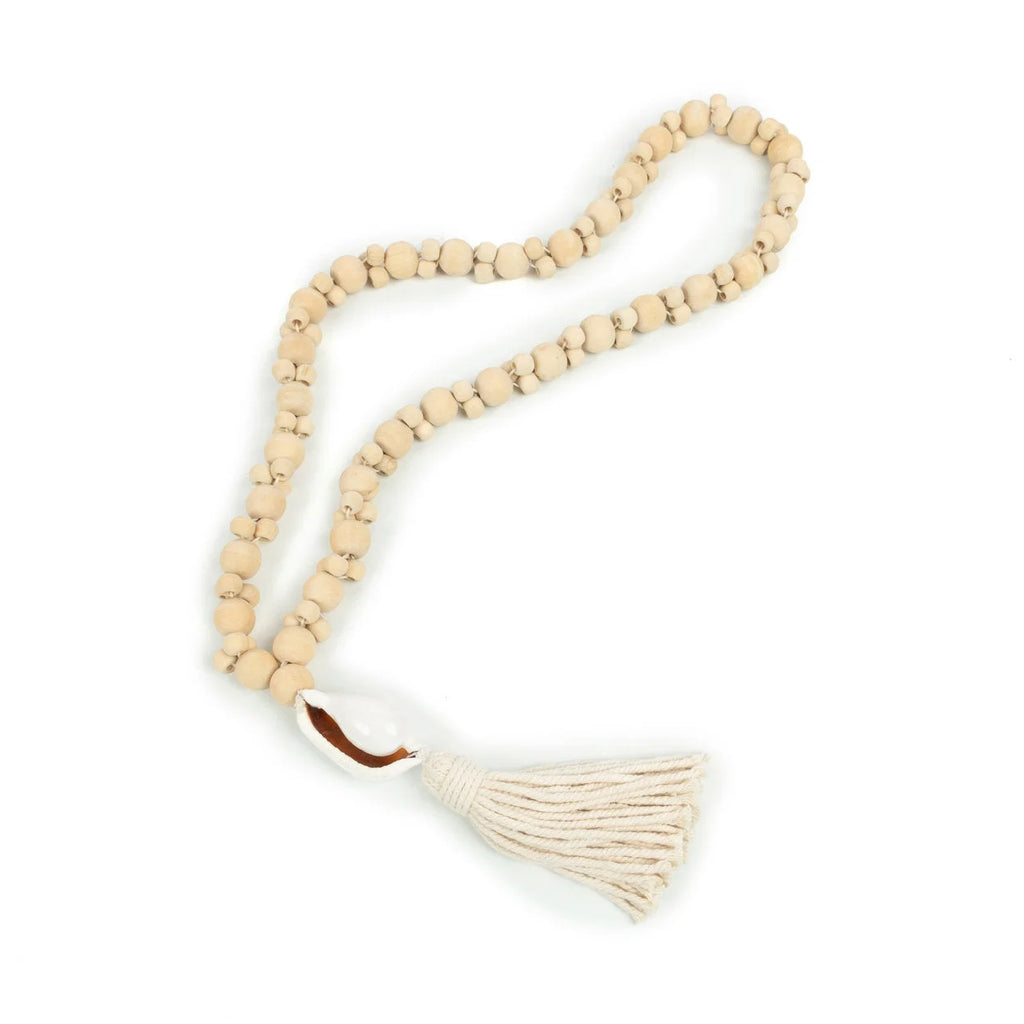 Collier en perles de bois blanc écru avec pendentif gland blanc