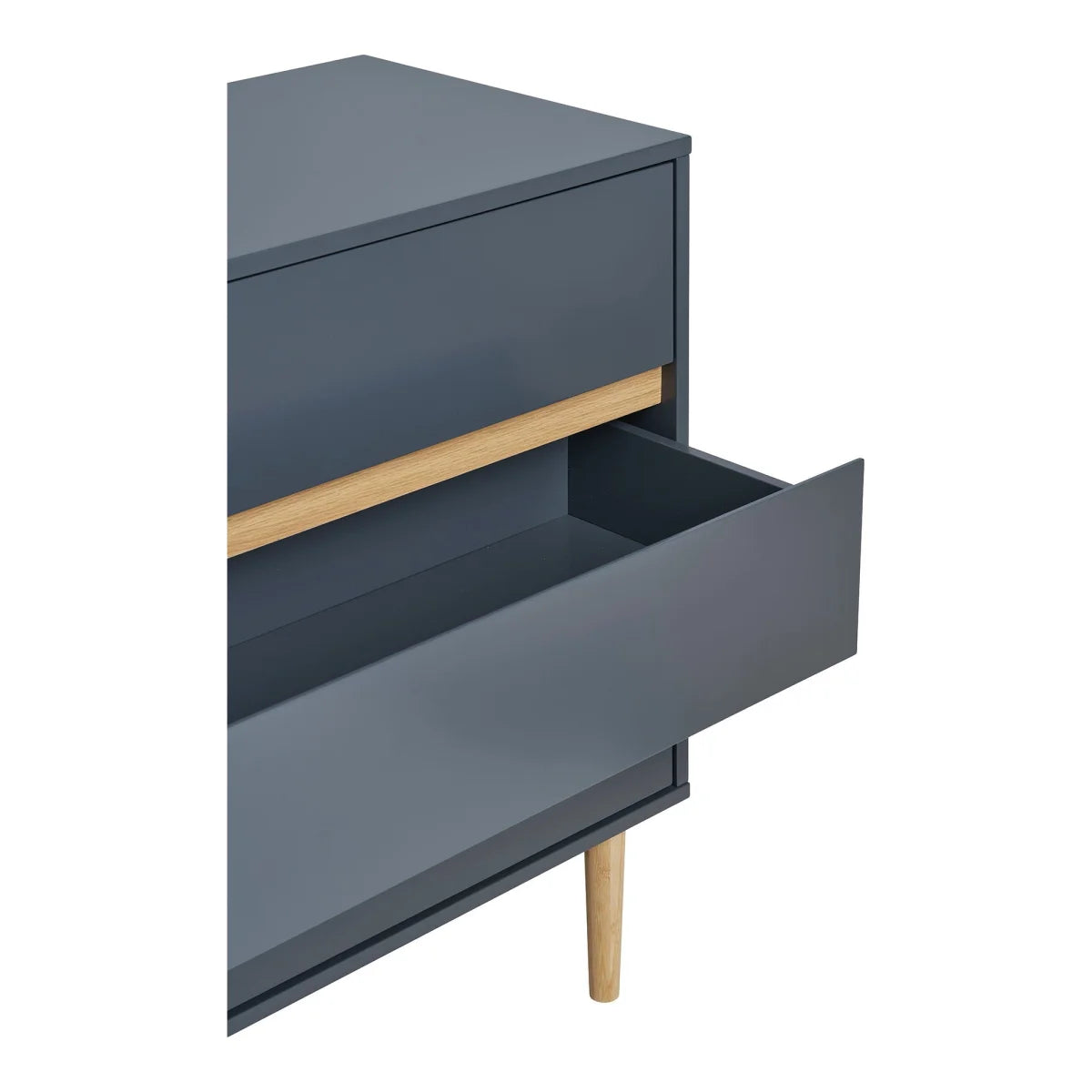 Commode moderne grise 3 tiroirs, accents bois clair, pieds fuselés 80x40 cm