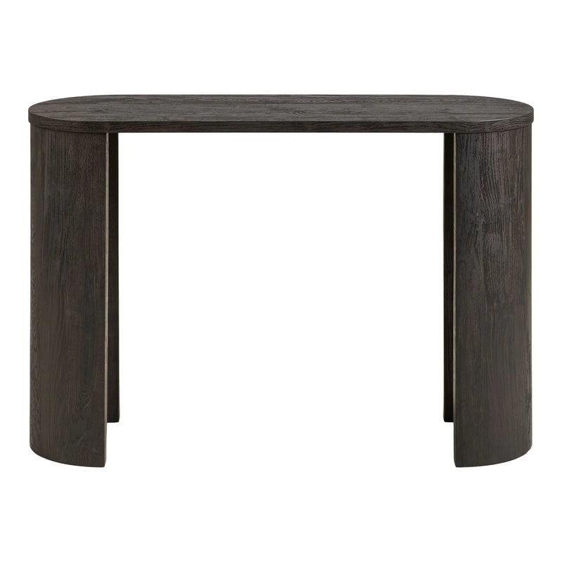 Console en bois foncé forme arrondie pieds pilier – 114x38 cm