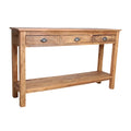 Table console bois massif rustique 150x38 cm avec 3 tiroirs et poignées noires