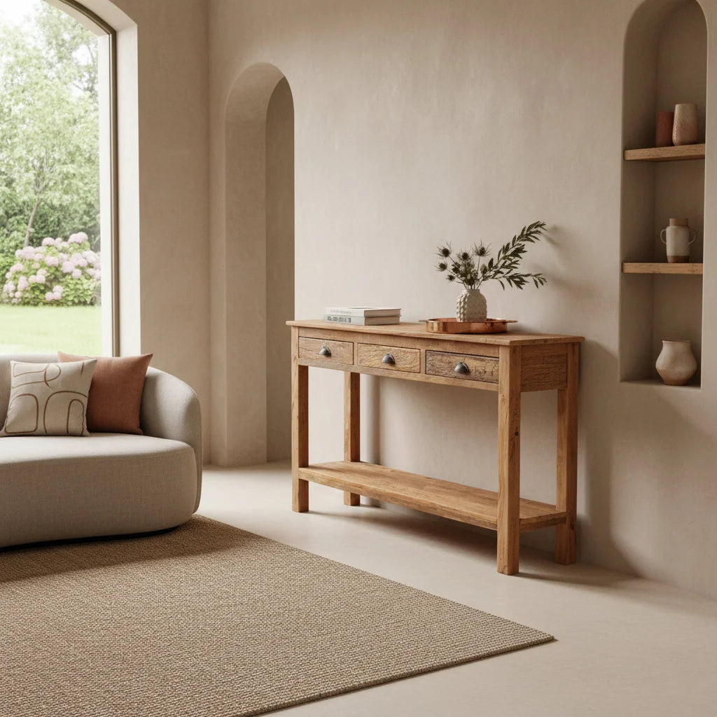 Table console bois massif chêne clair rustique 150x38 cm avec 3 tiroirs