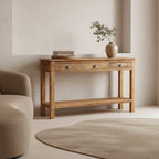 Console en bois massif rustique clair, 3 tiroirs, poignées argentées, 150x38 cm