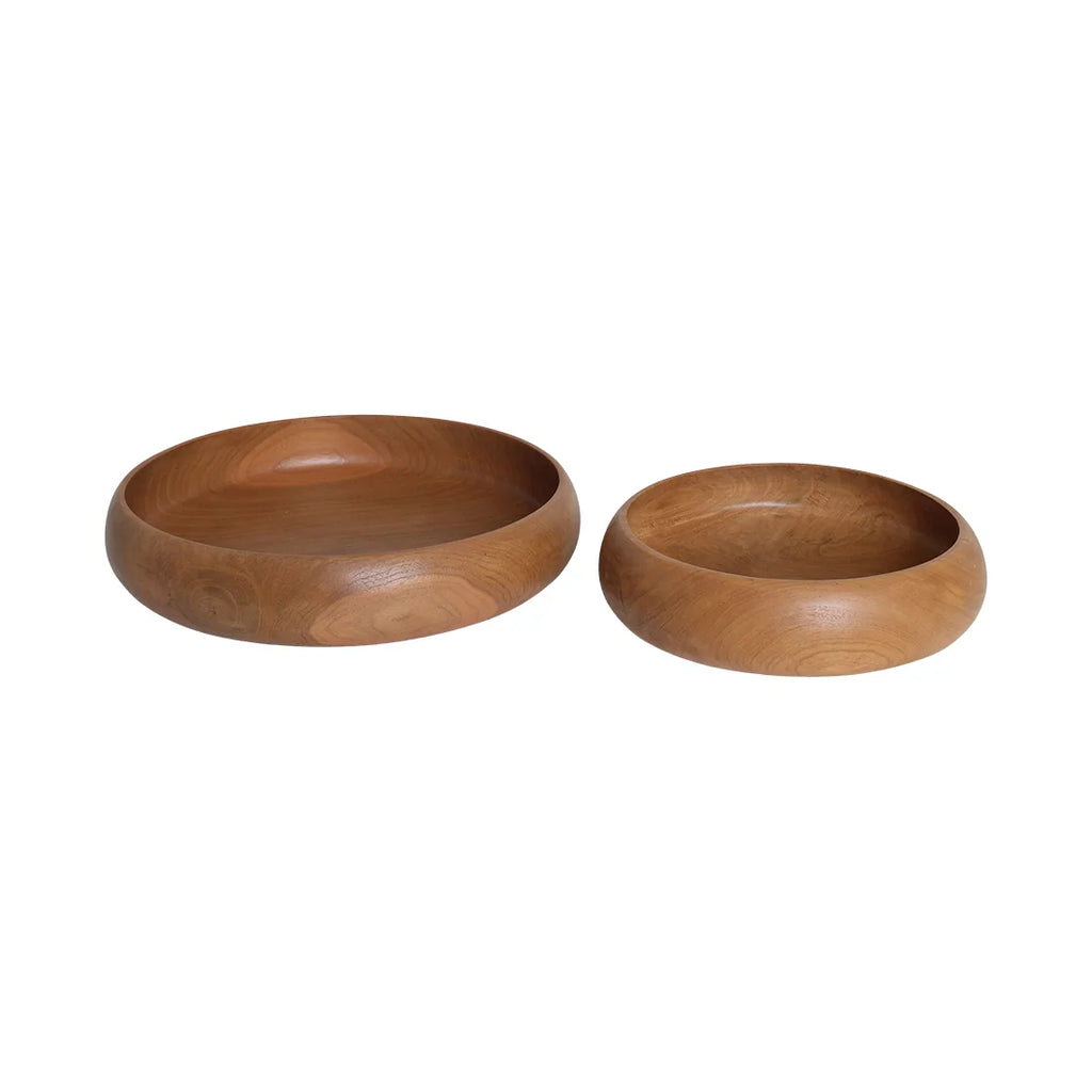 Deux bols en bois massif teck fini naturel, grain visible, Ø37 cm