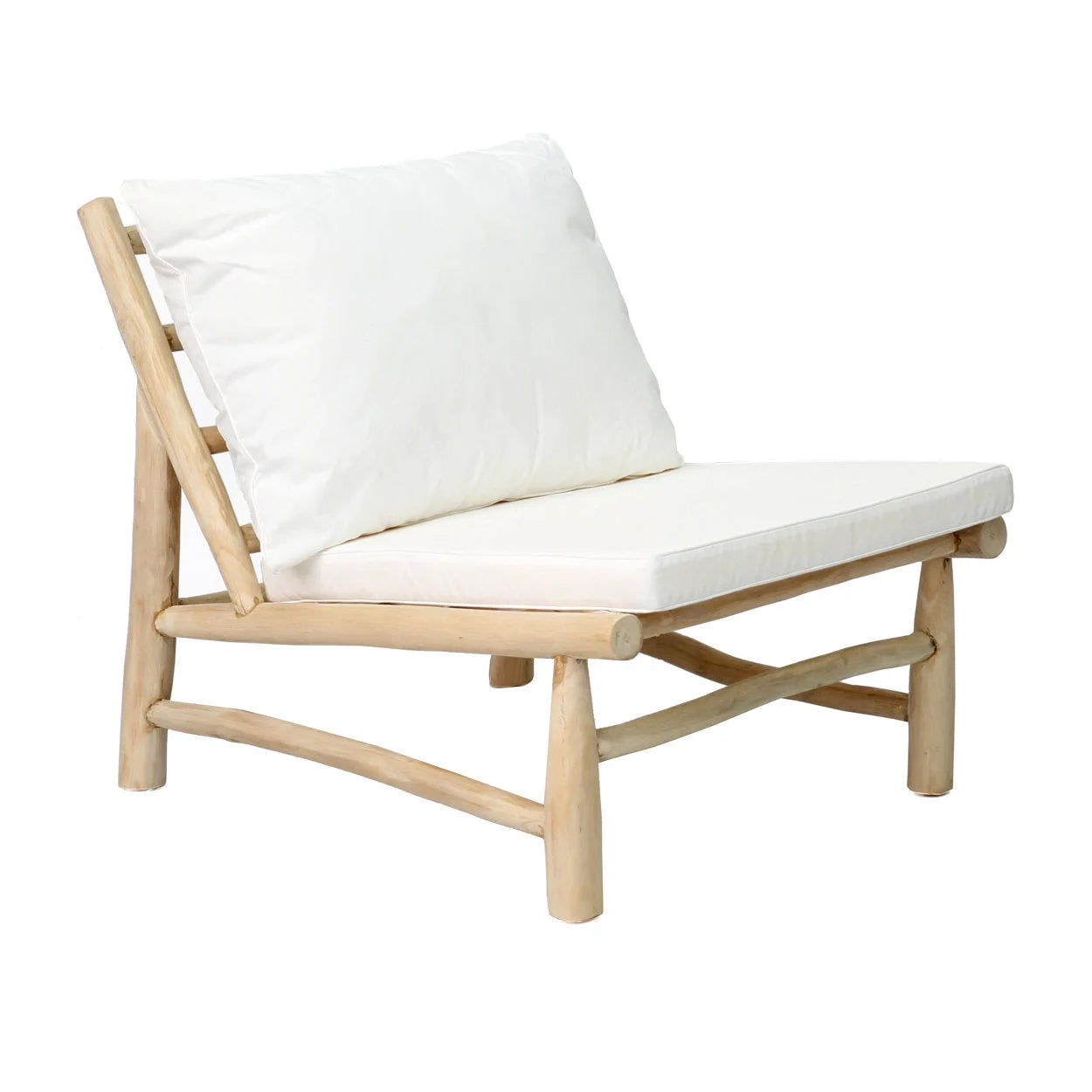 Fauteuil lounge bas en bois naturel avec coussin blanc en coton 77x83 cm