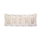 Coussin rectangulaire en laine écrue et khaki avec franges, tassels et sequins dorés