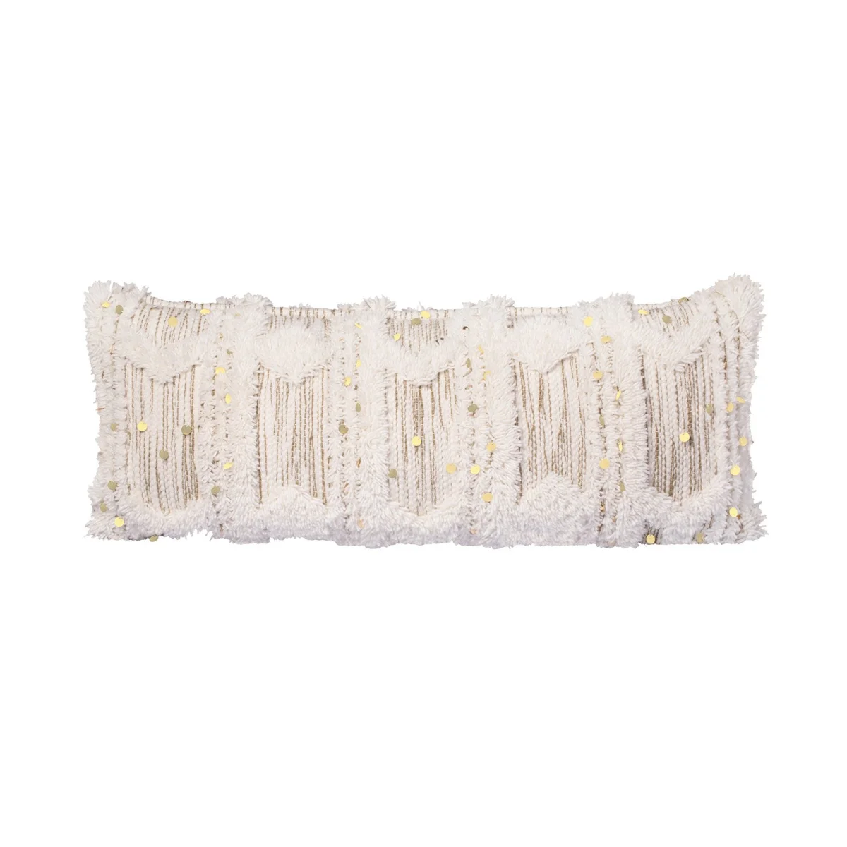 Coussin rectangulaire en laine écrue et khaki avec franges, tassels et sequins dorés