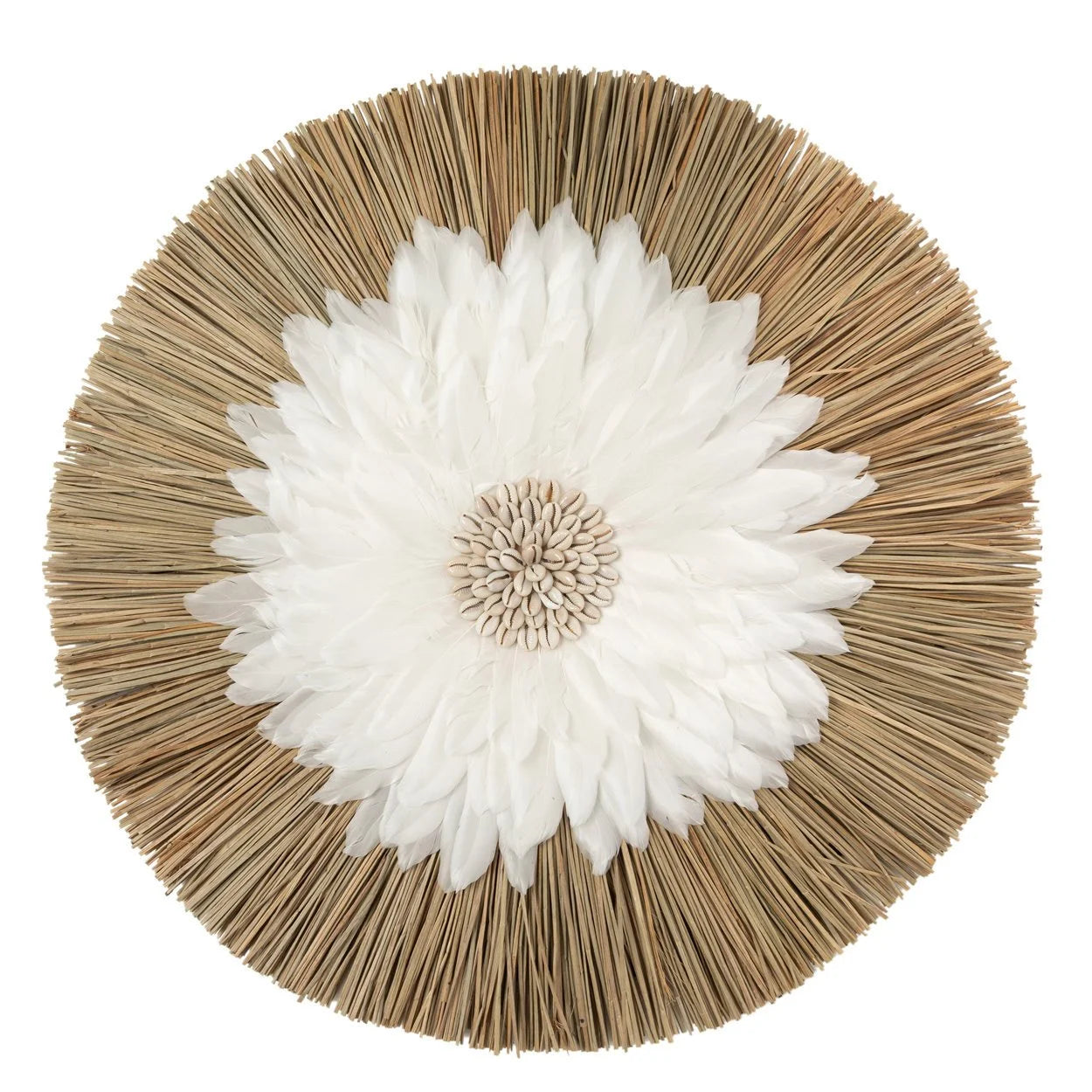 Décoration murale ronde avec plumes blanches et coquillages naturels peinture déco artisanale