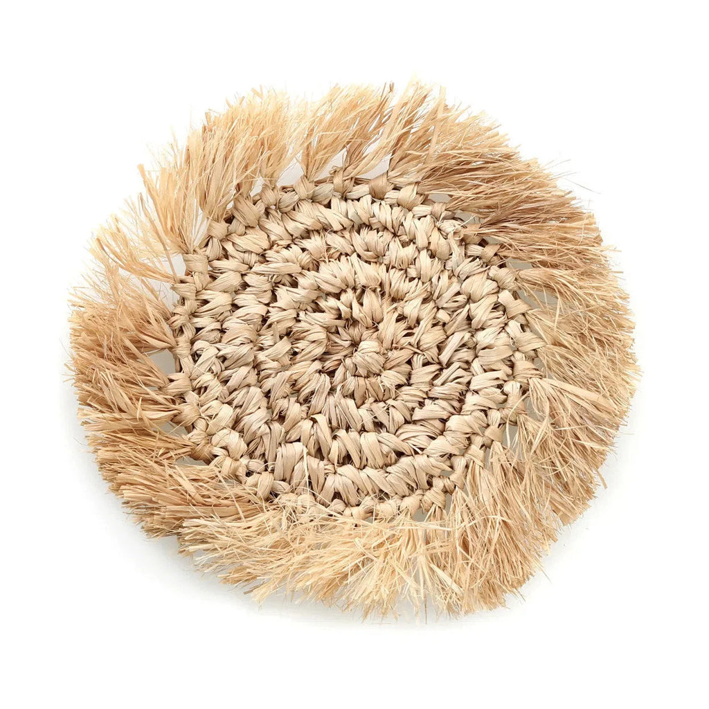 Dessous de verre rond en raphia naturel beige à franges