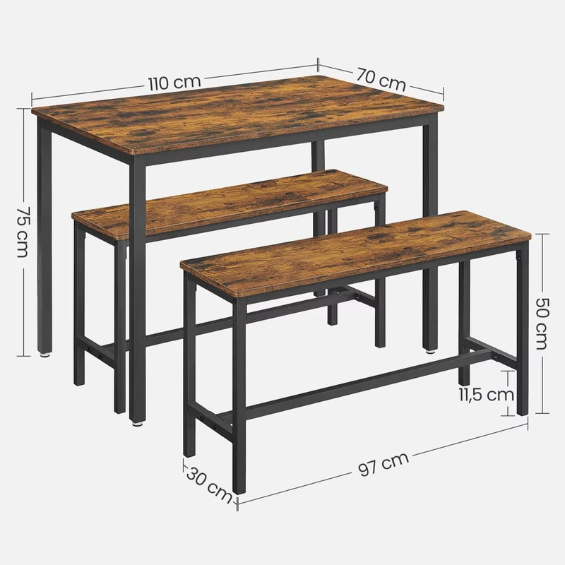 Schéma des dimensions de l'ensemble table et bancs en bois avec mesures précises.