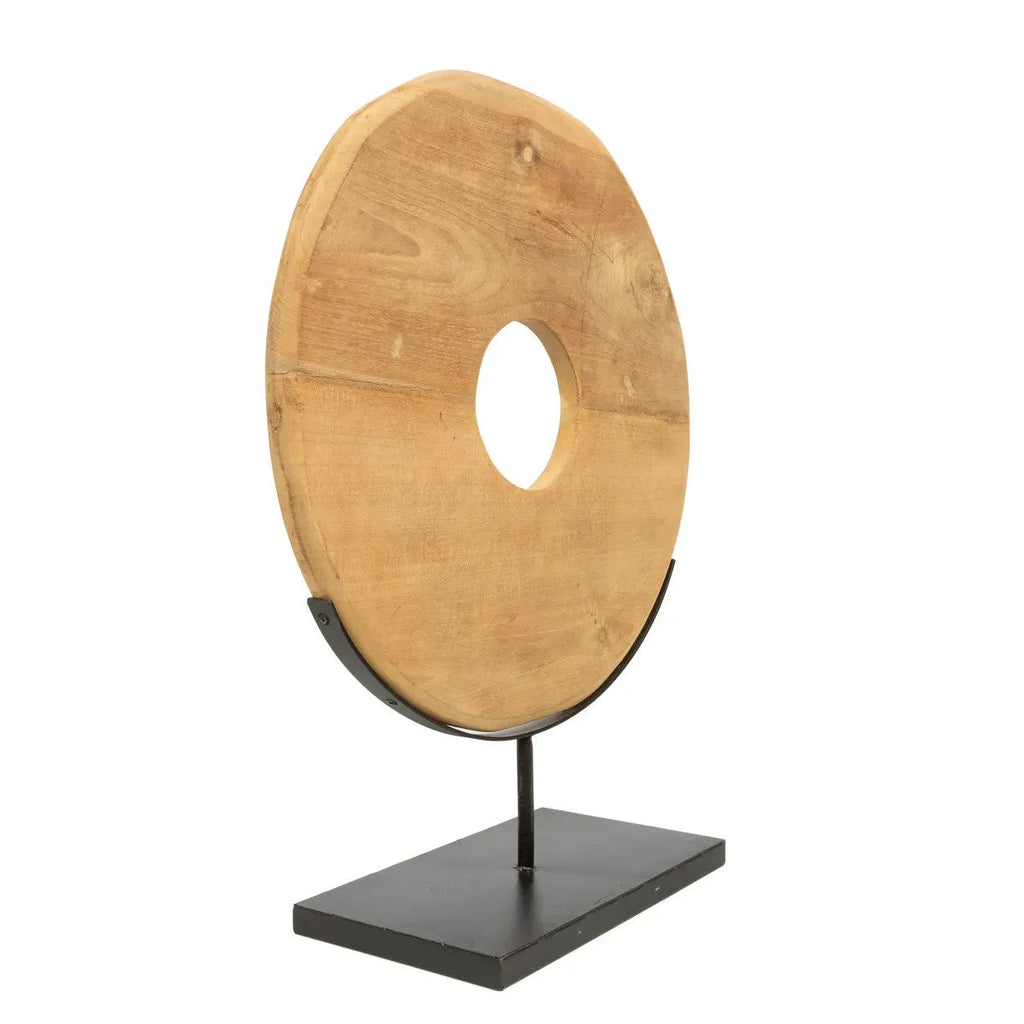 Anneau décoratif en teck sur support en bois noir, hauteur 60 cm