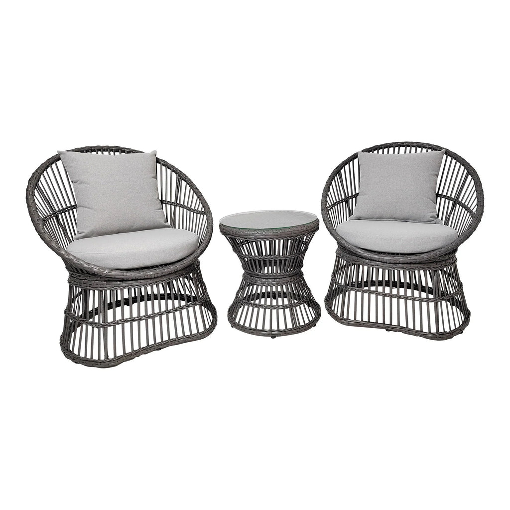 Ensemble lounge en rotin gris avec table ronde et coussins inclus