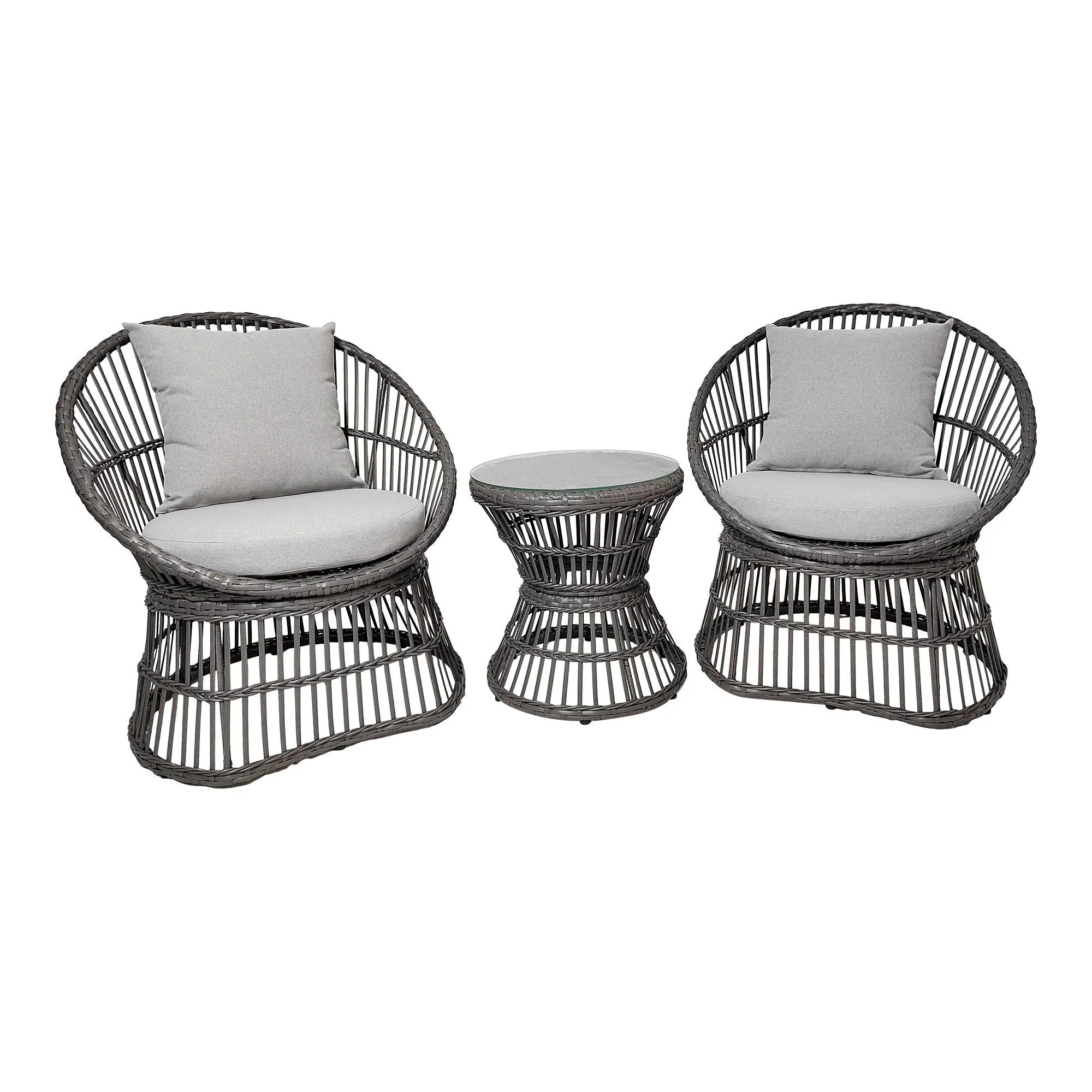 Ensemble lounge en rotin gris avec table ronde et coussins inclus