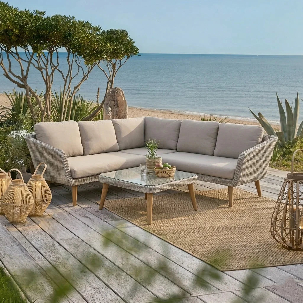 Ensemble salon d’angle extérieur gris en osier avec table basse, 3 pièces