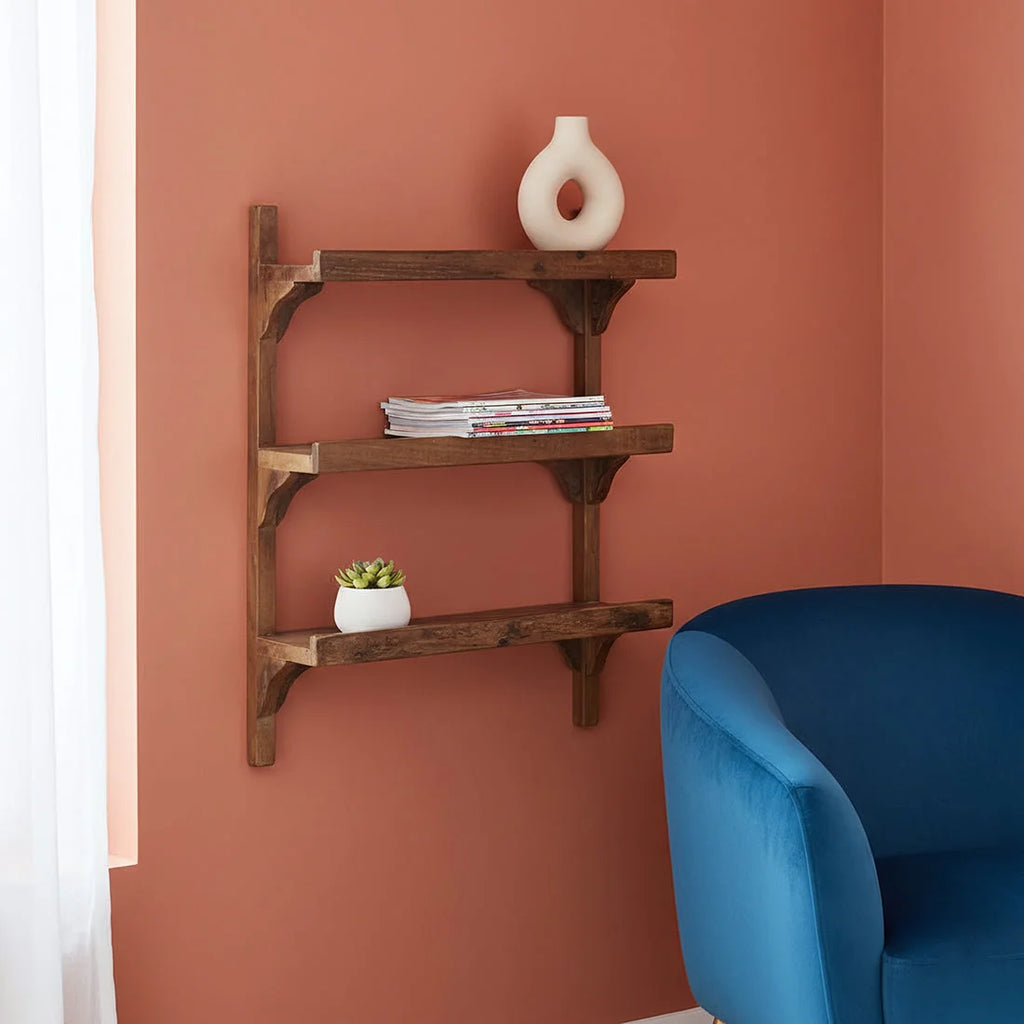 Étagère murale industrielle en bois recyclé brun à 3 étages, 50x16x64 cm