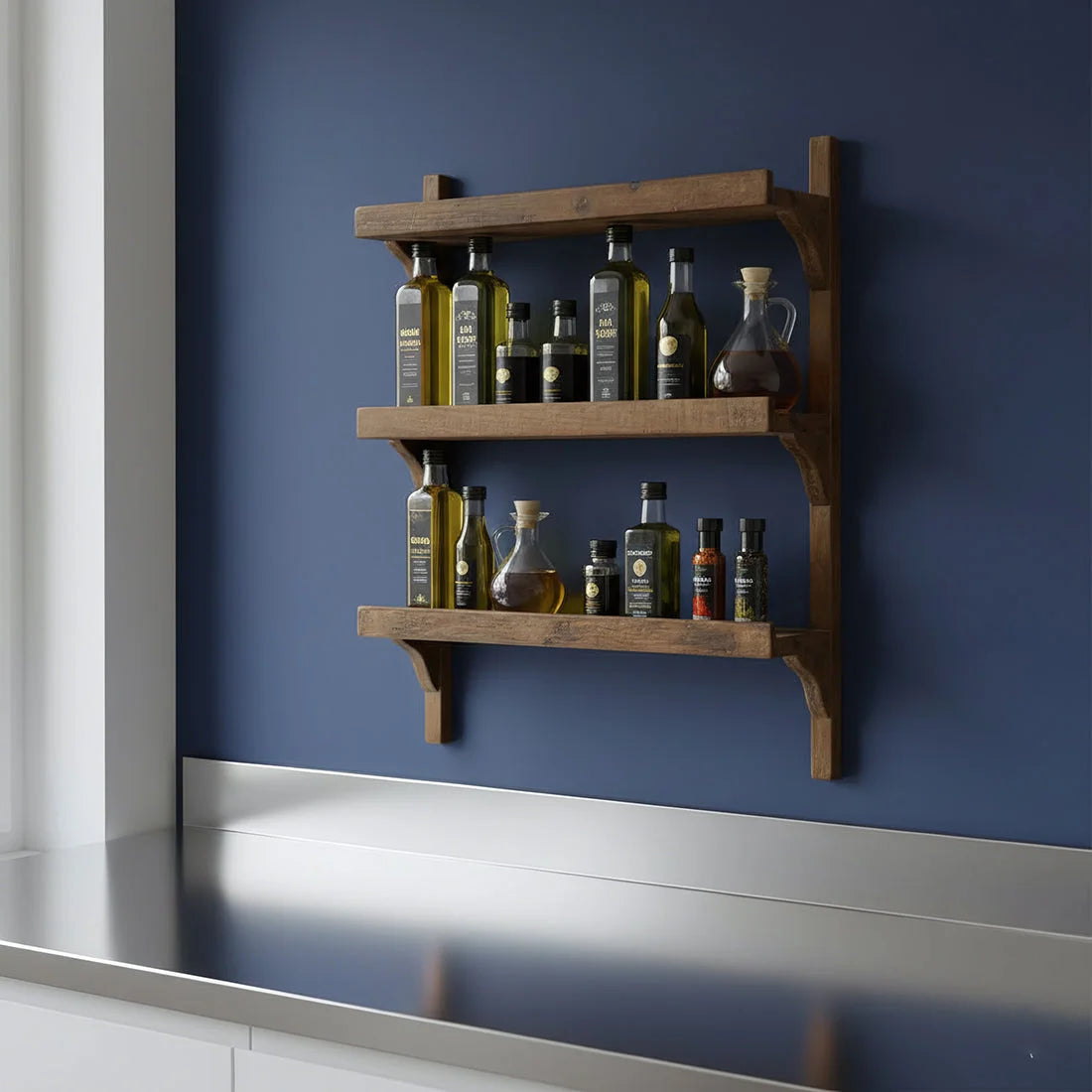 Étagère murale industrielle en bois recyclé brun, 50x16x64 cm, avec étagères remplies dhuiles dolive et épices