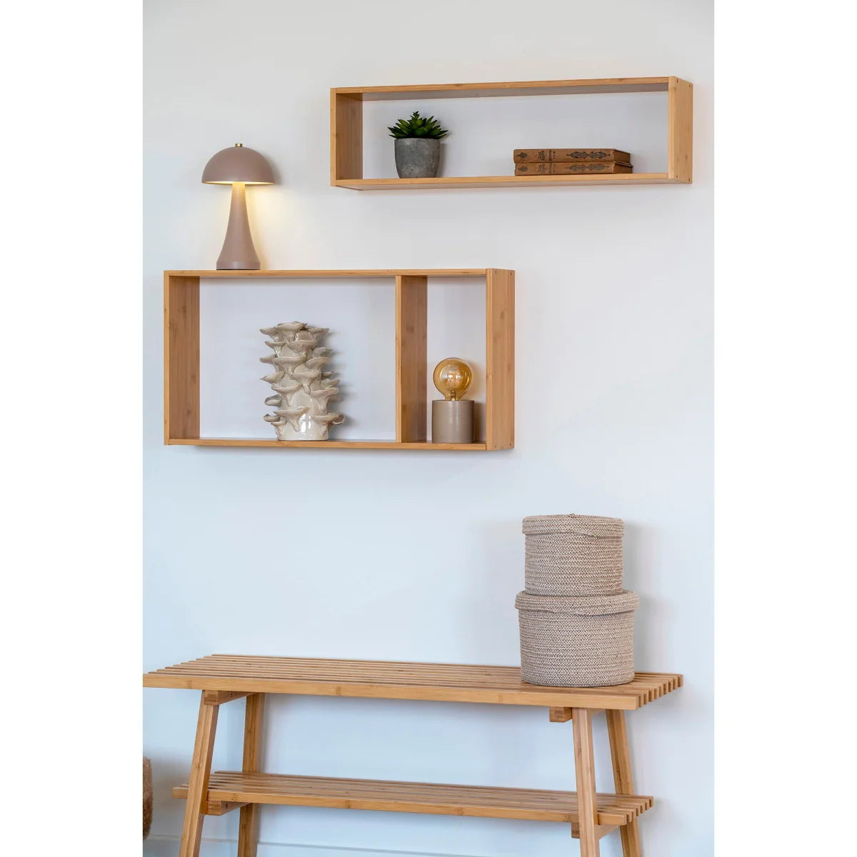 Étagère murale rectangulaire en bambou naturel clair, 70x15 cm
